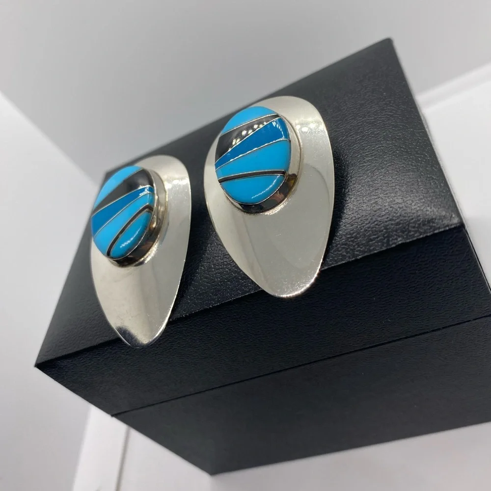 Sterling Silver Block Multi Stone Inlay Post Earrings SIGNED turquoise Navajo - Picture 15 of 16